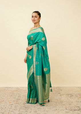 Turquoise Green Saree with Peacock Patterns image number 3